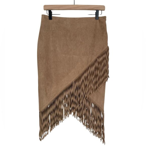 VTG Express Skirt Western Boho Y2K Fringe Faux Suede Camel Tan Women's Size 8 - Picture 1 of 11